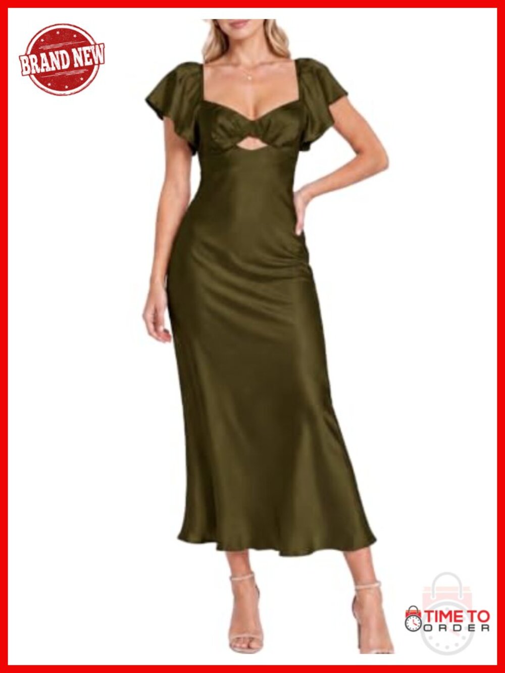 Satin Midi Dress Flutter Sleeve Sweetheart Neck Cutout Wedding Guest